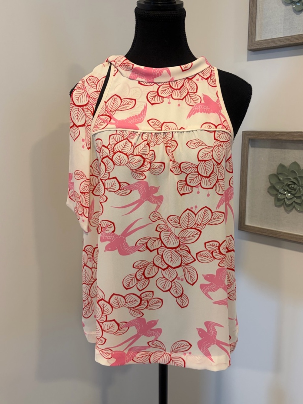 Anthropologie Maeve Cream/Red/Pink Bird & Leaf Print Bow Cut-Out Blouse EUC